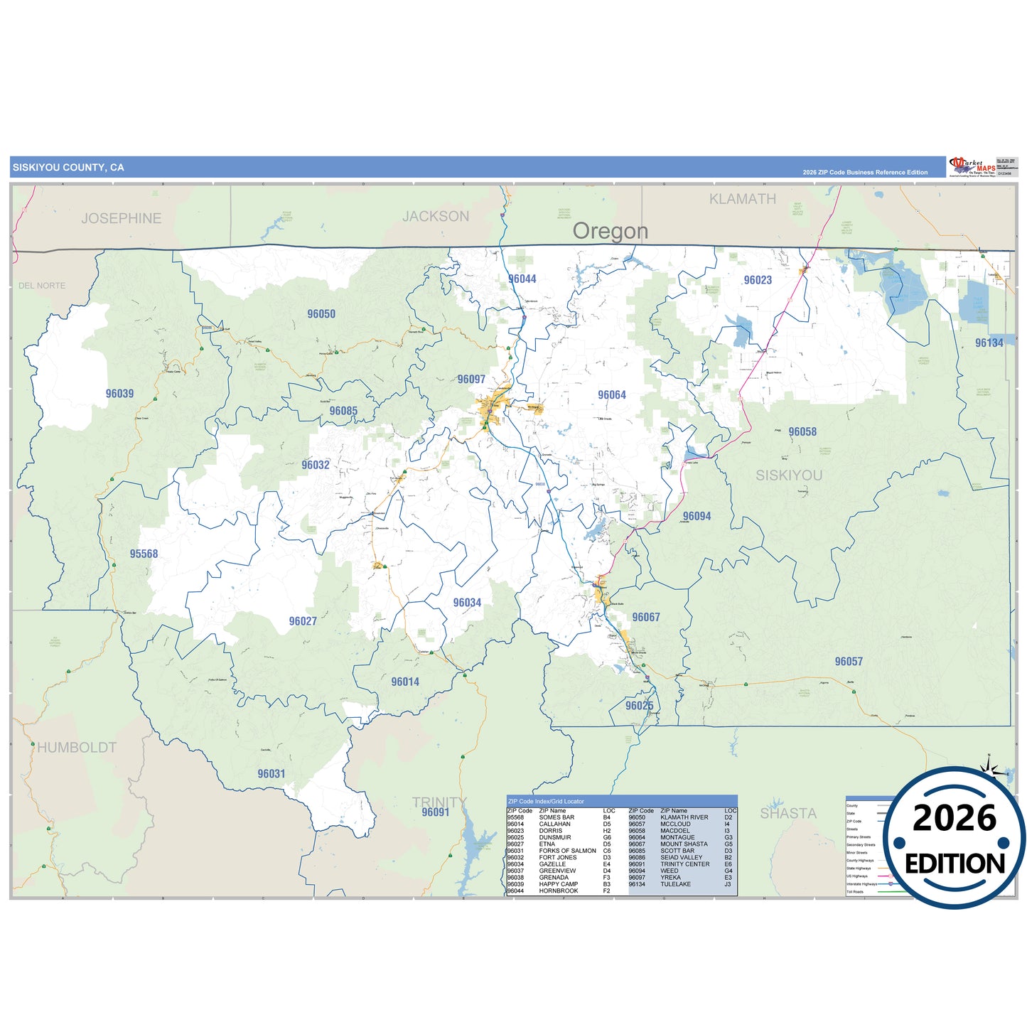 Siskiyou County, CA Business Reference 5 Digit ZIP Code Wall Map