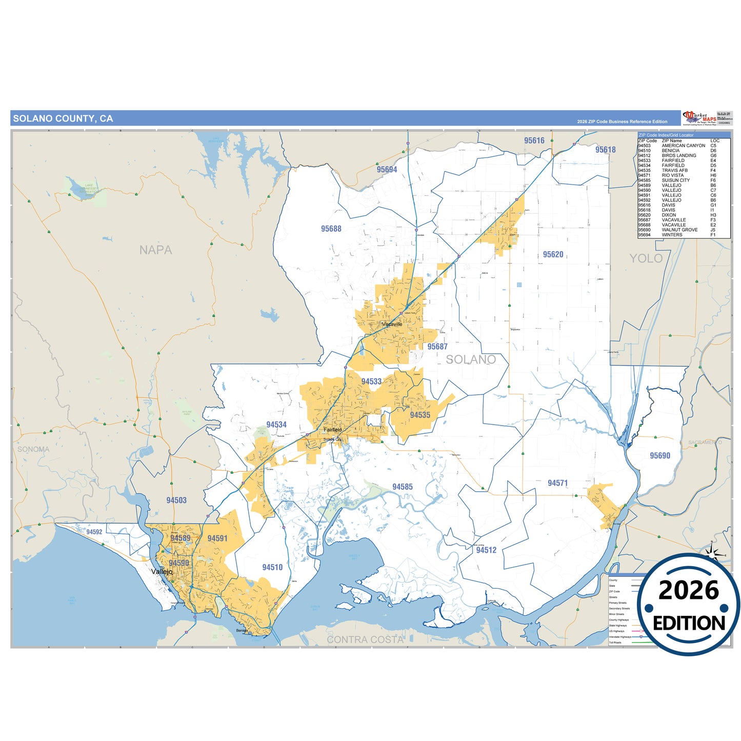 Solano County, CA Business Reference map with detailed roads, cities, and ZIP code boundaries.