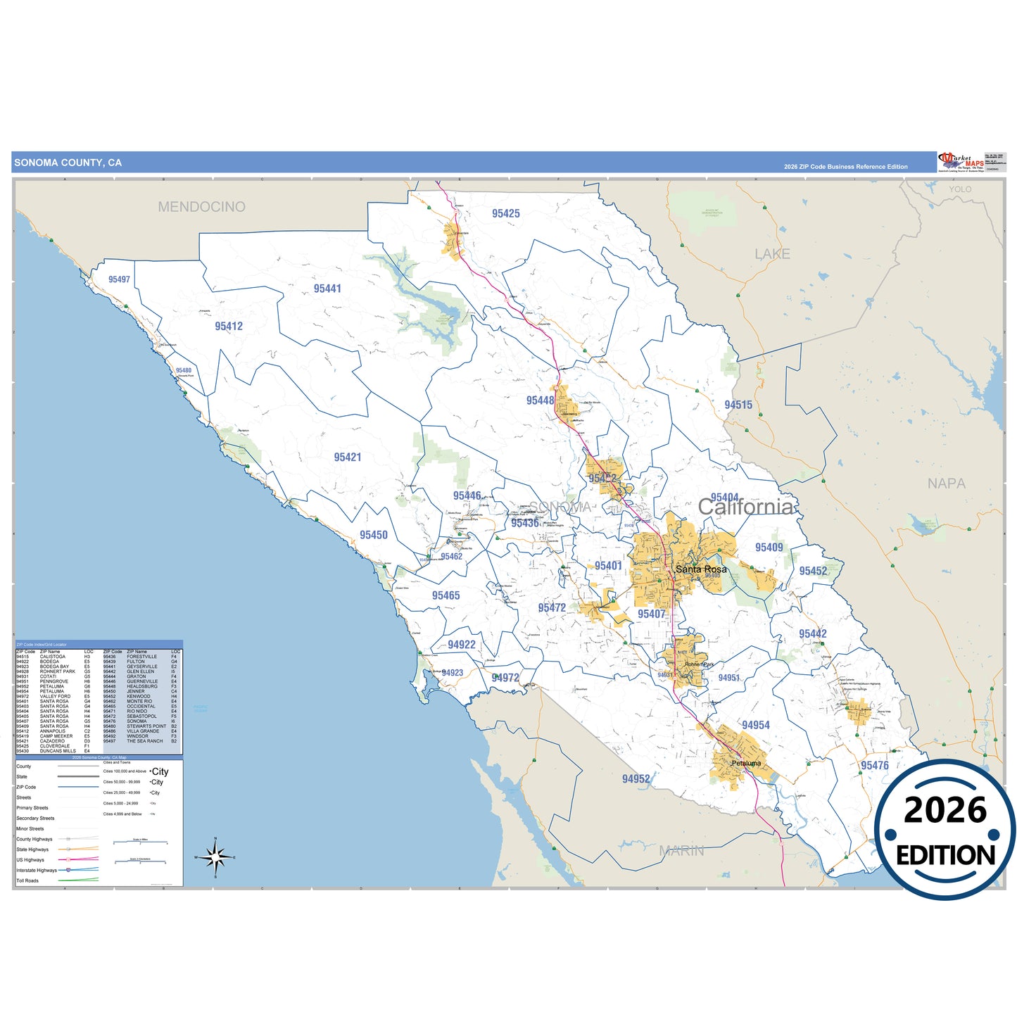Sonoma County, CA Business Reference 5 Digit ZIP Code Wall Map