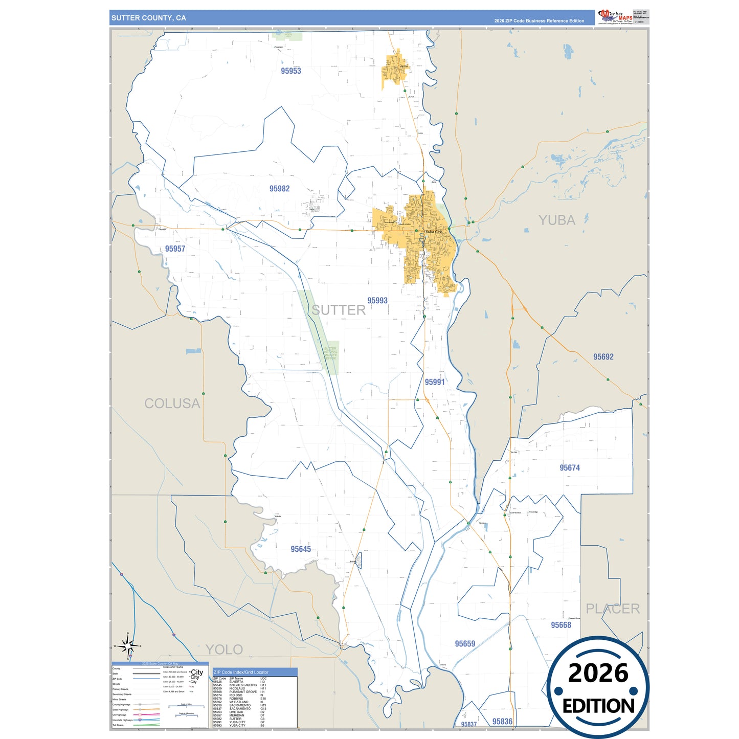 Sutter County, CA Business Reference map with detailed roads, cities, and ZIP code boundaries.