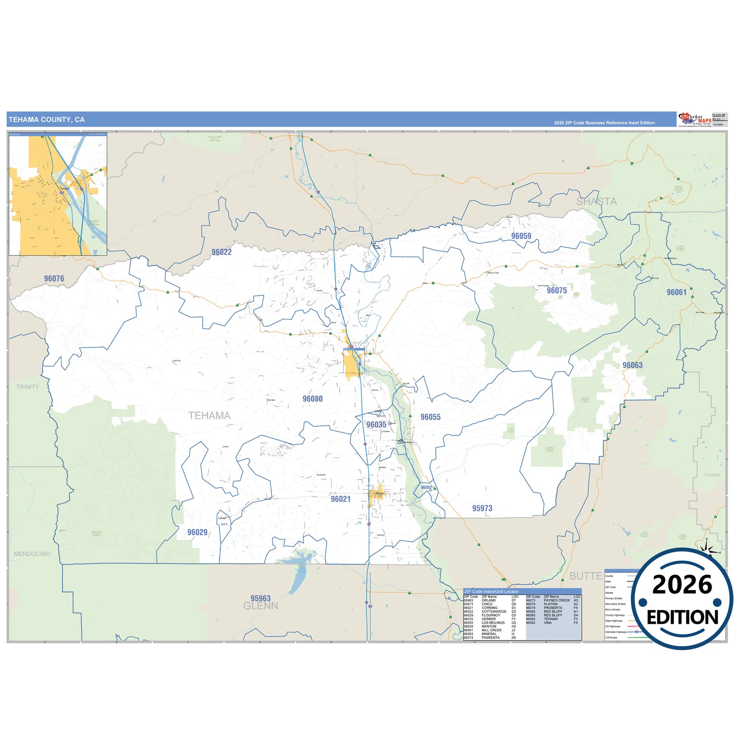 Tehama County, CA Business Reference 5 Digit ZIP Code Wall Map