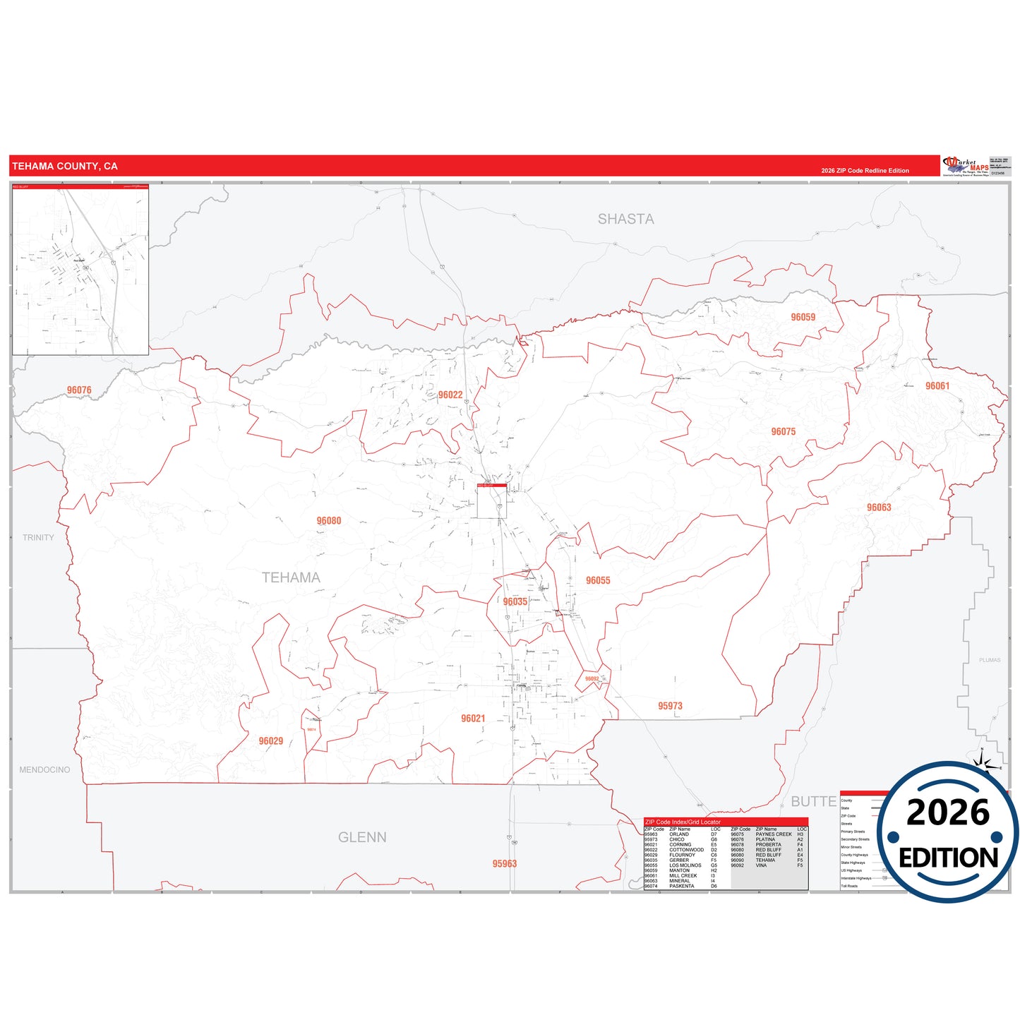 Tehama County, CA Red Line map with detailed roads, cities, and ZIP code boundaries.