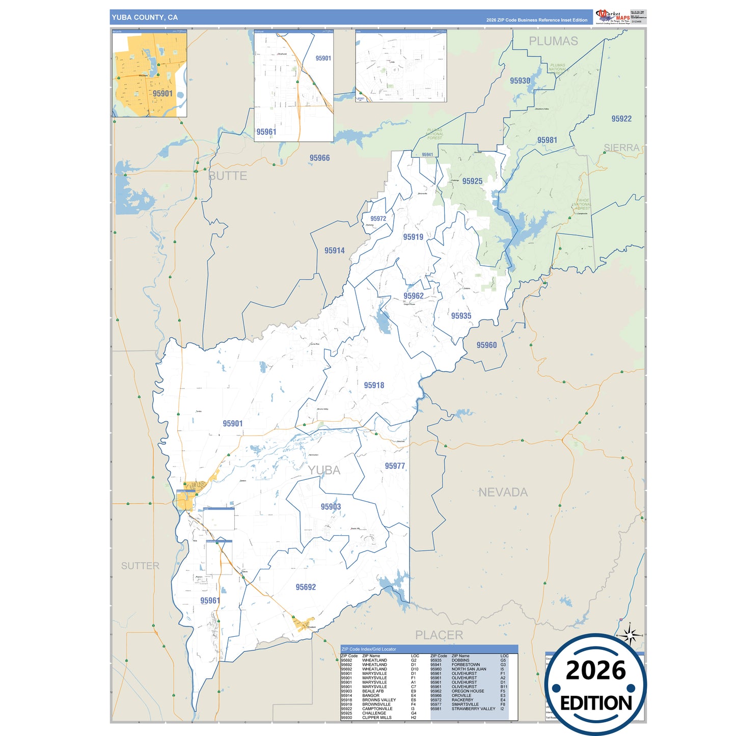 Yuba County, CA Business Reference 5 Digit ZIP Code Wall Map