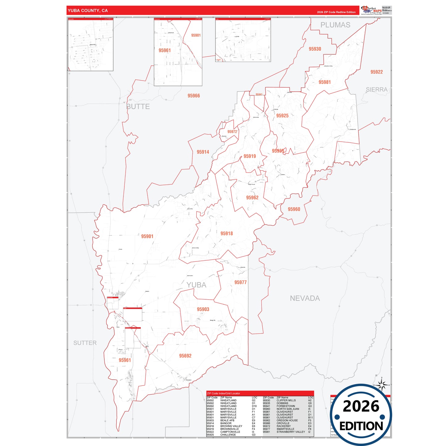 Yuba County, CA Red Line 5 Digit ZIP Code Wall Map