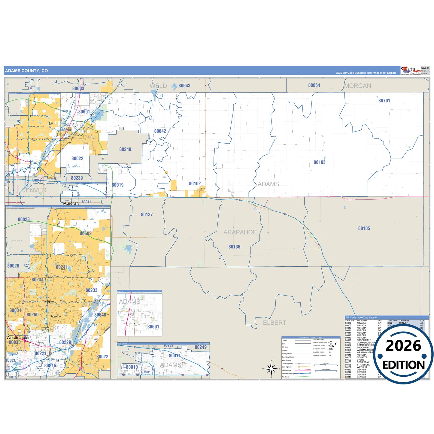 Adams County, CO Business Reference 5 Digit ZIP Code Wall Map