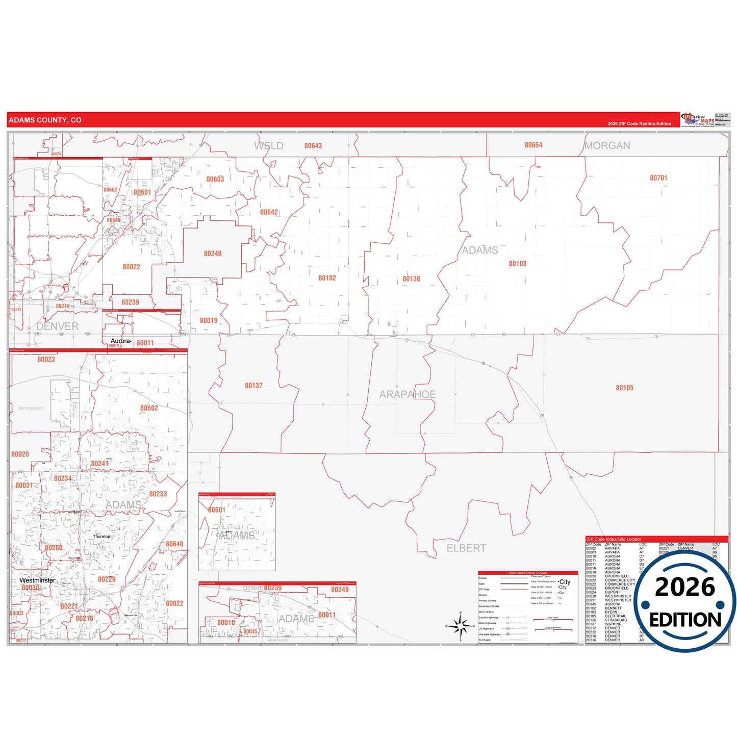 Adams County, CO Red Line 5 Digit ZIP Code Wall Map