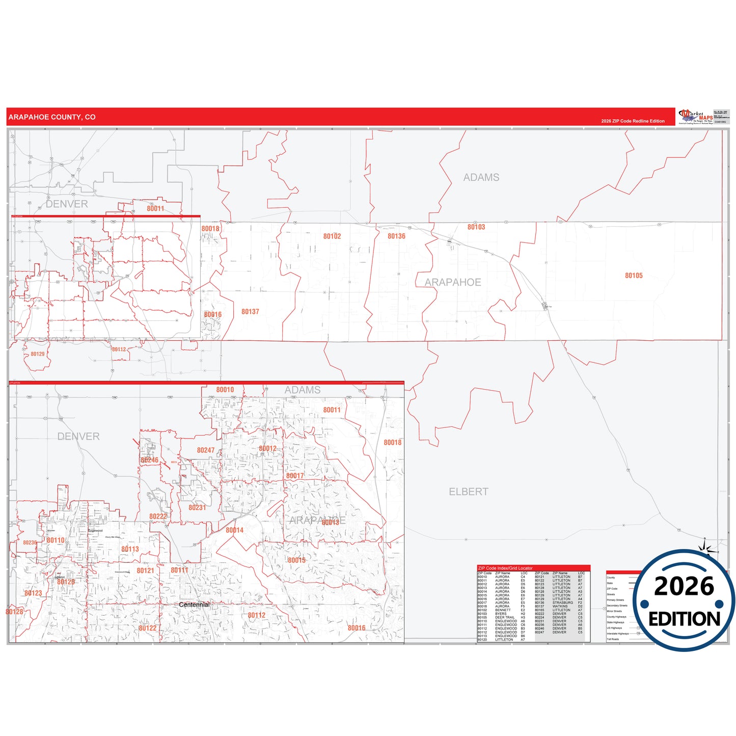Arapahoe County, CO Red Line 5 Digit ZIP Code Wall Map