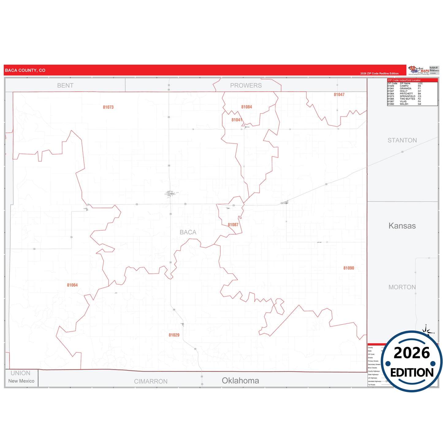 Baca County, CO Red Line 5 Digit ZIP Code Wall Map