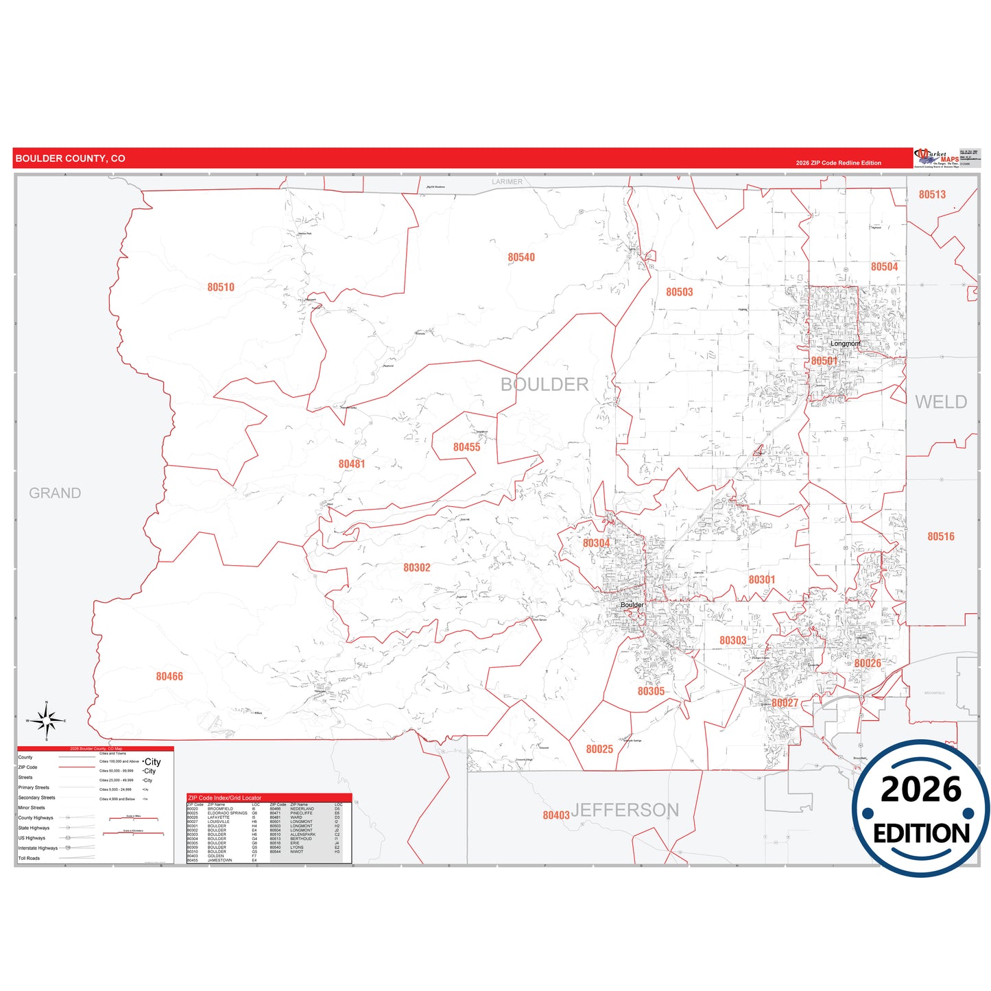 Boulder County, CO Red Line 5 Digit ZIP Code Wall Map
