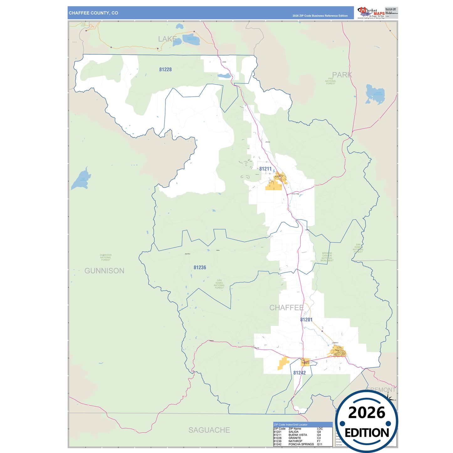 Chaffee County, CO Business Reference 5 Digit ZIP Code Wall Map