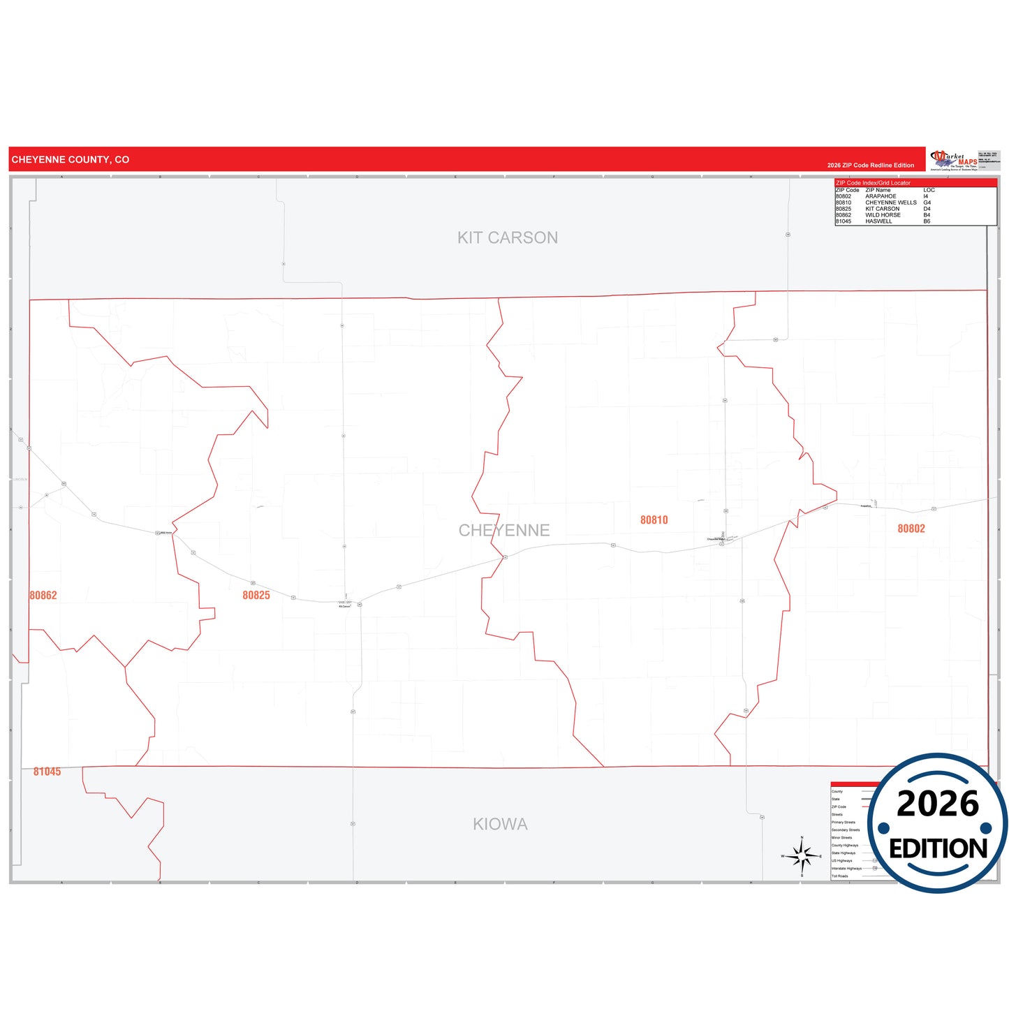 Cheyenne County, CO Red Line 5 Digit ZIP Code Wall Map