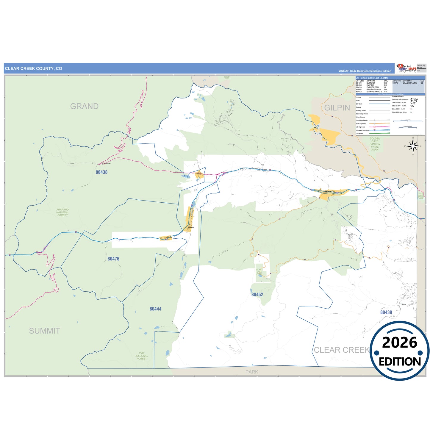 Clear Creek County, CO Business Reference 5 Digit ZIP Code Wall Map