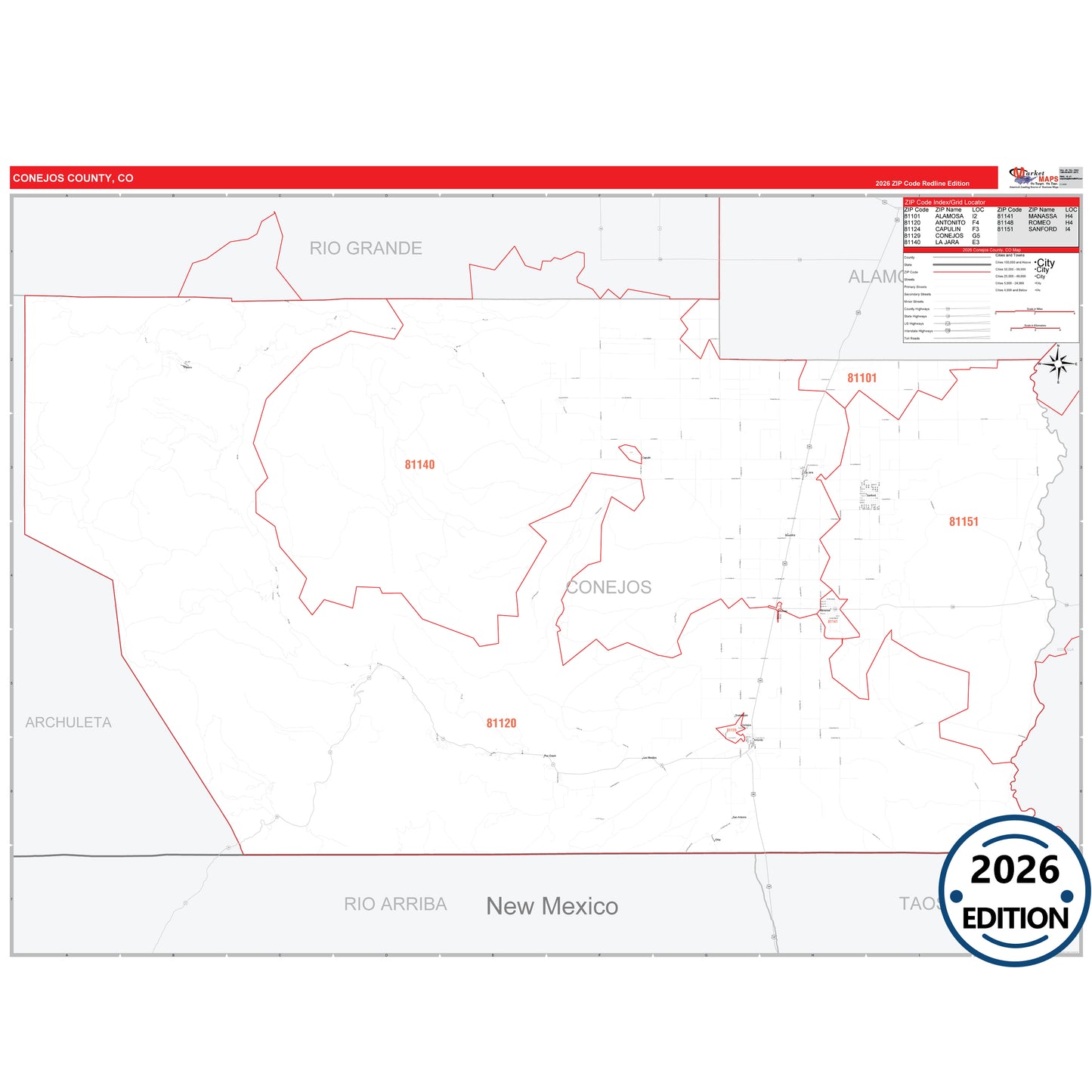Conejos County, CO Red Line 5 Digit ZIP Code Wall Map