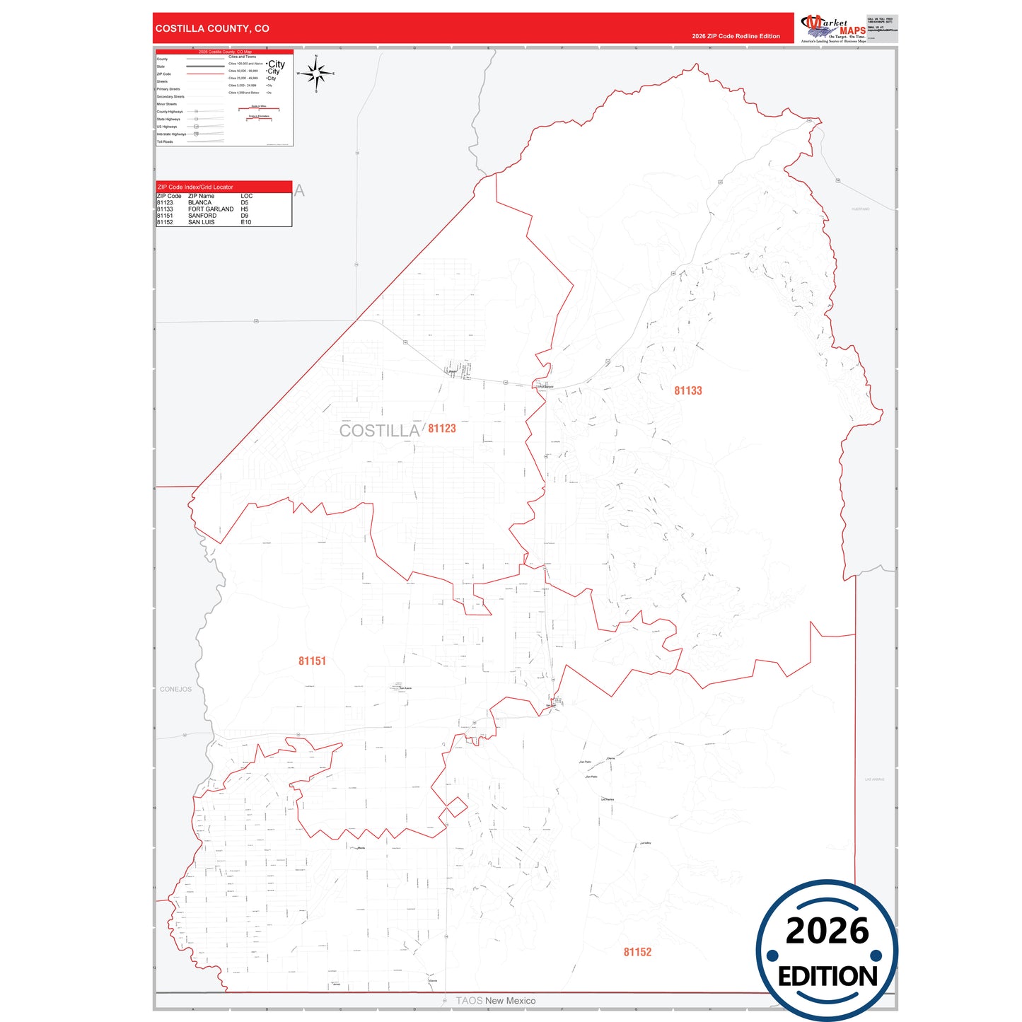 Costilla County, CO Red Line 5 Digit ZIP Code Wall Map