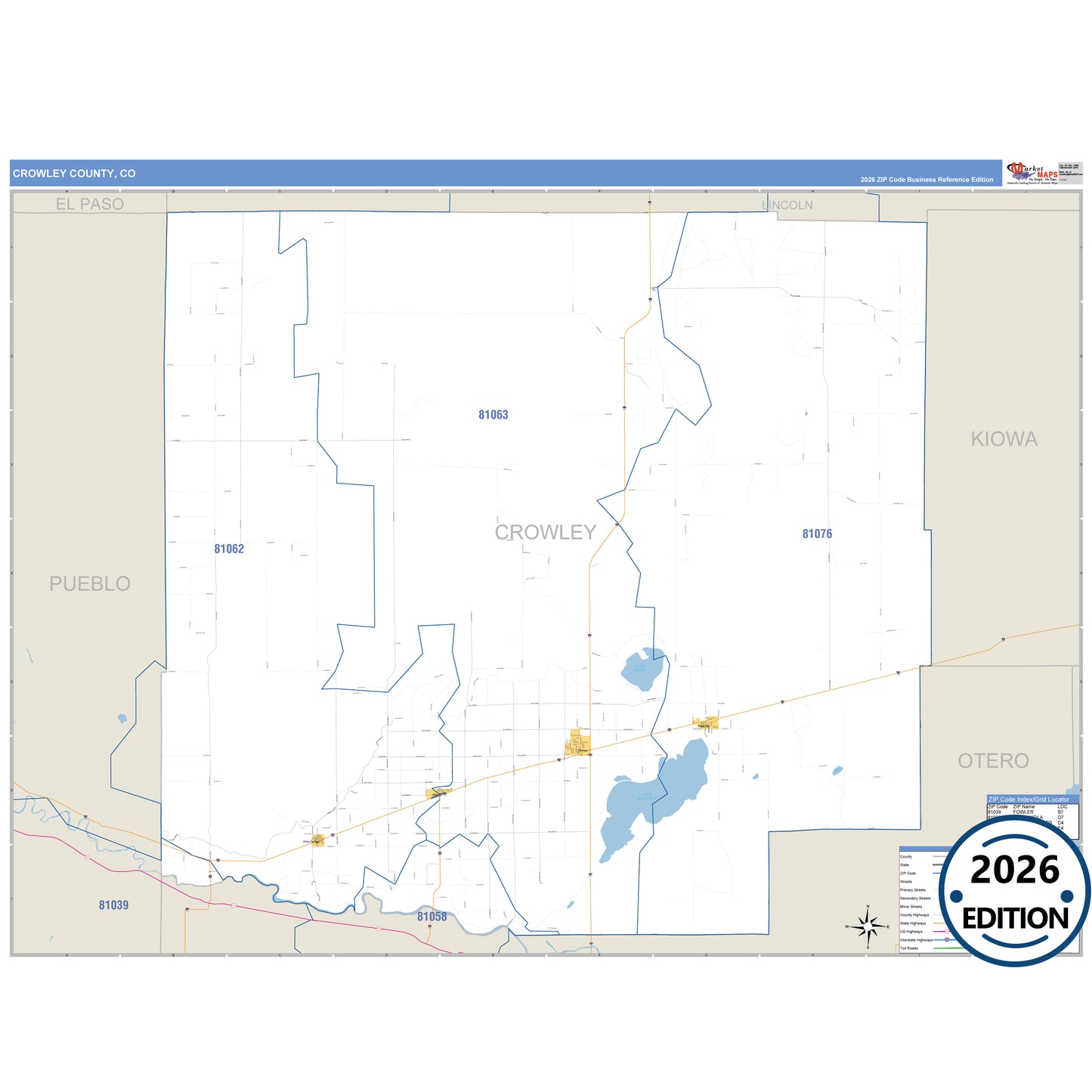 Crowley County, CO Business Reference 5 Digit ZIP Code Wall Map