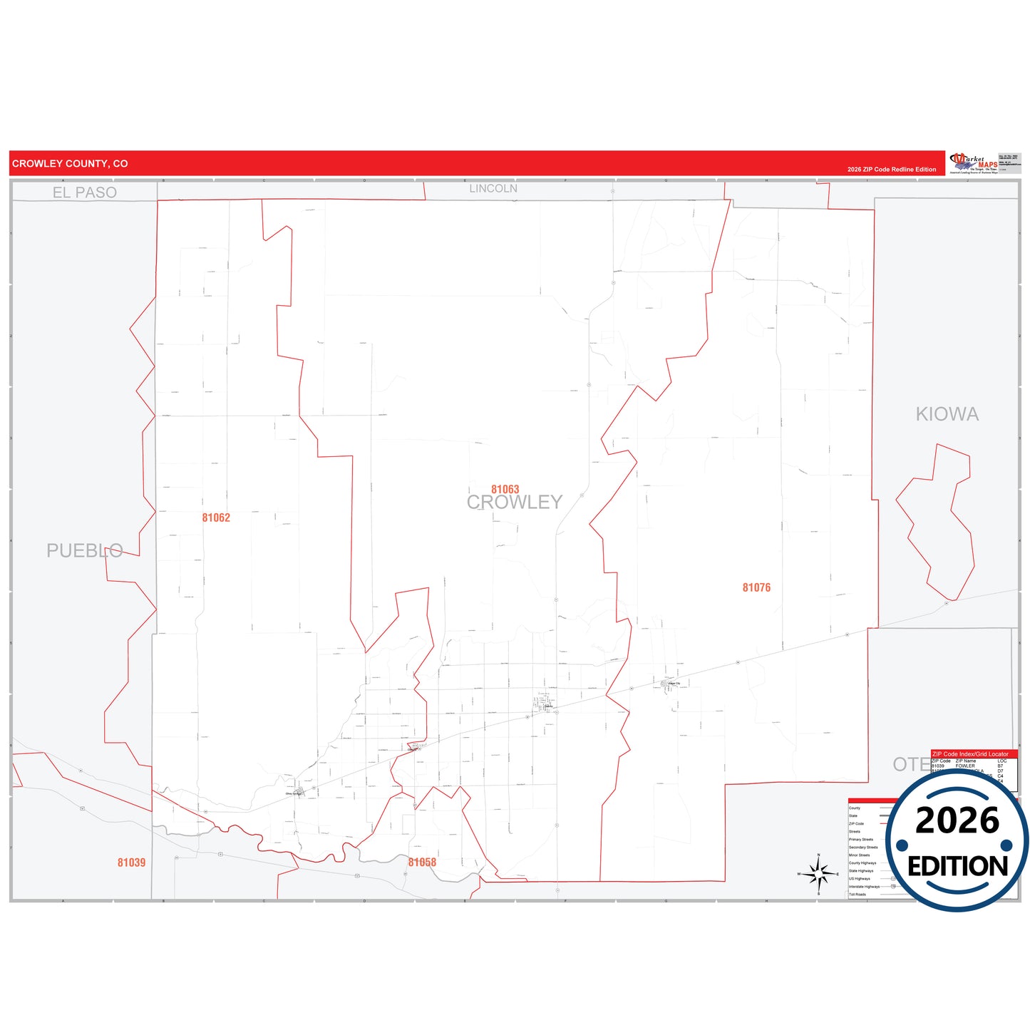 Crowley County, CO Red Line 5 Digit ZIP Code Wall Map