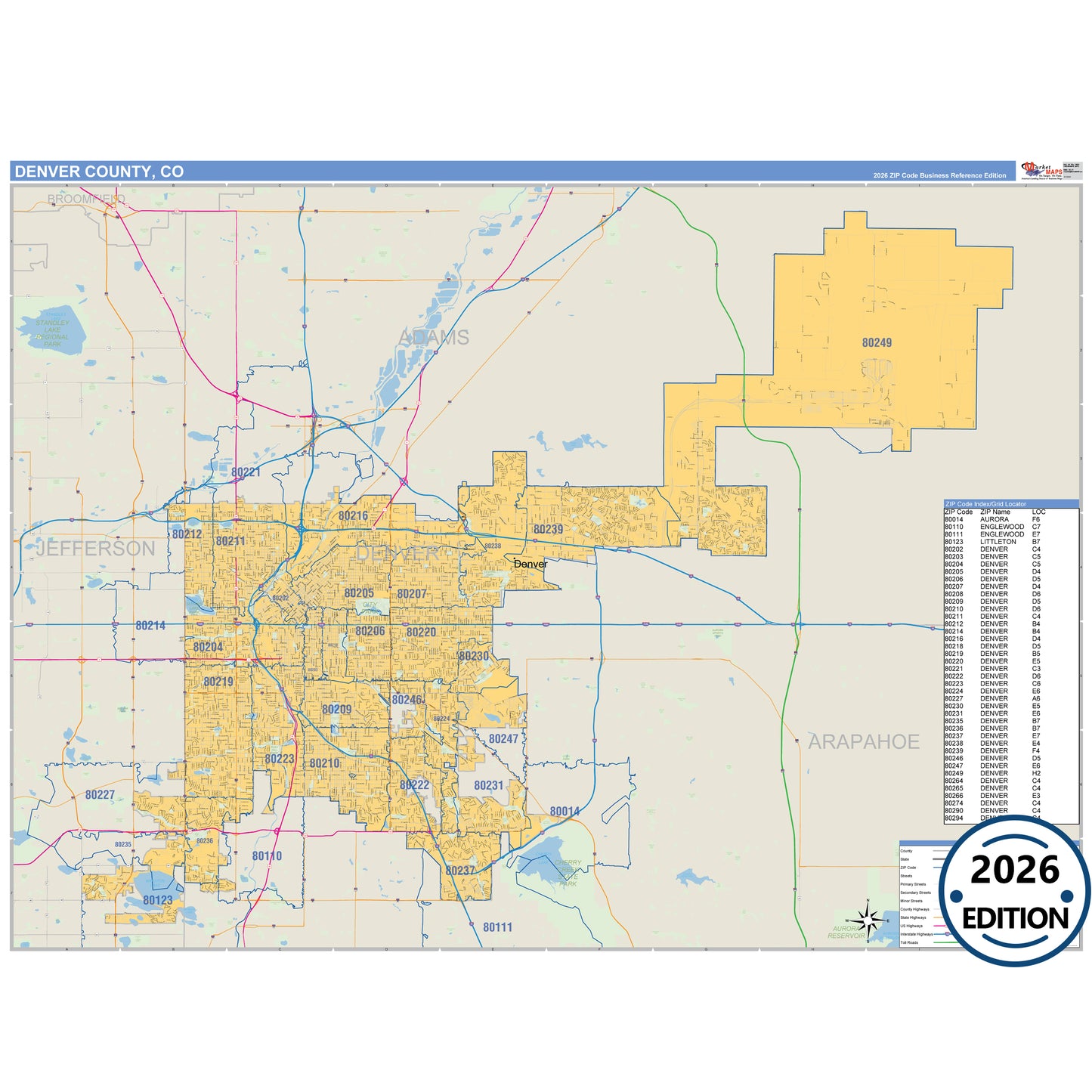Denver County, CO Business Reference 5 Digit ZIP Code Wall Map
