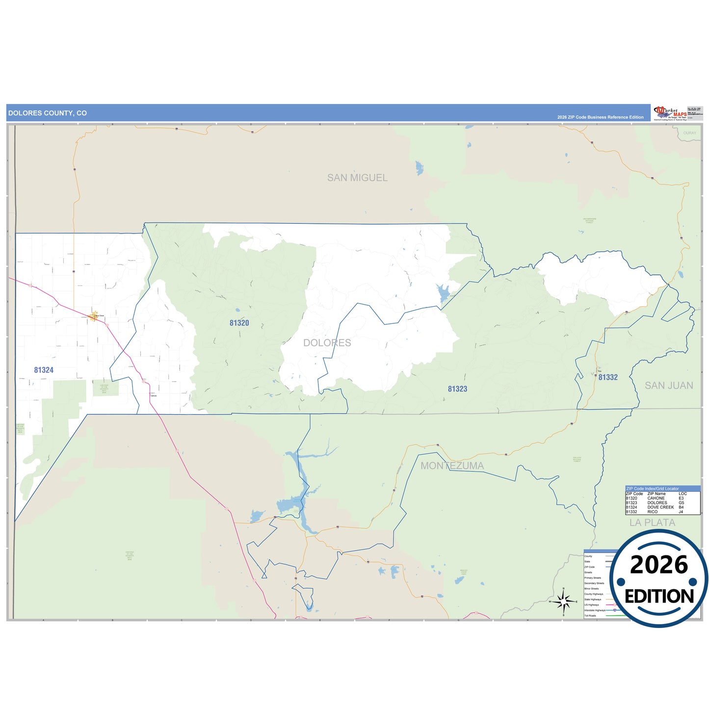 Dolores County, CO Business Reference 5 Digit ZIP Code Wall Map