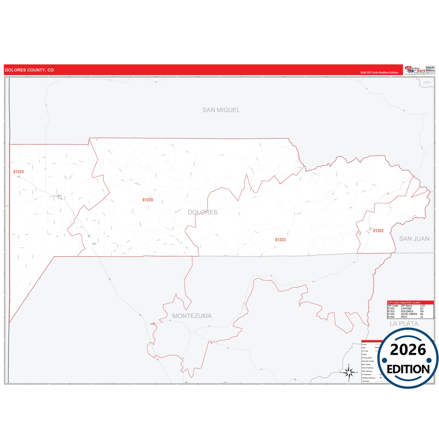 Dolores County, CO Red Line 5 Digit ZIP Code Wall Map