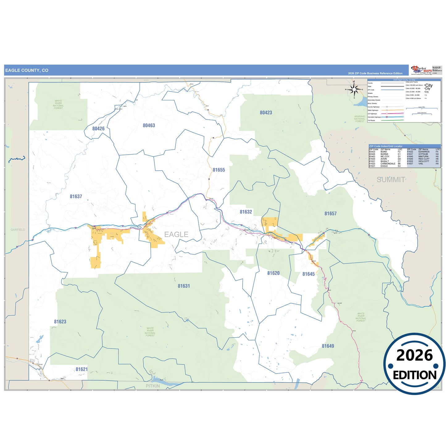 Eagle County, CO Business Reference 5 Digit ZIP Code Wall Map