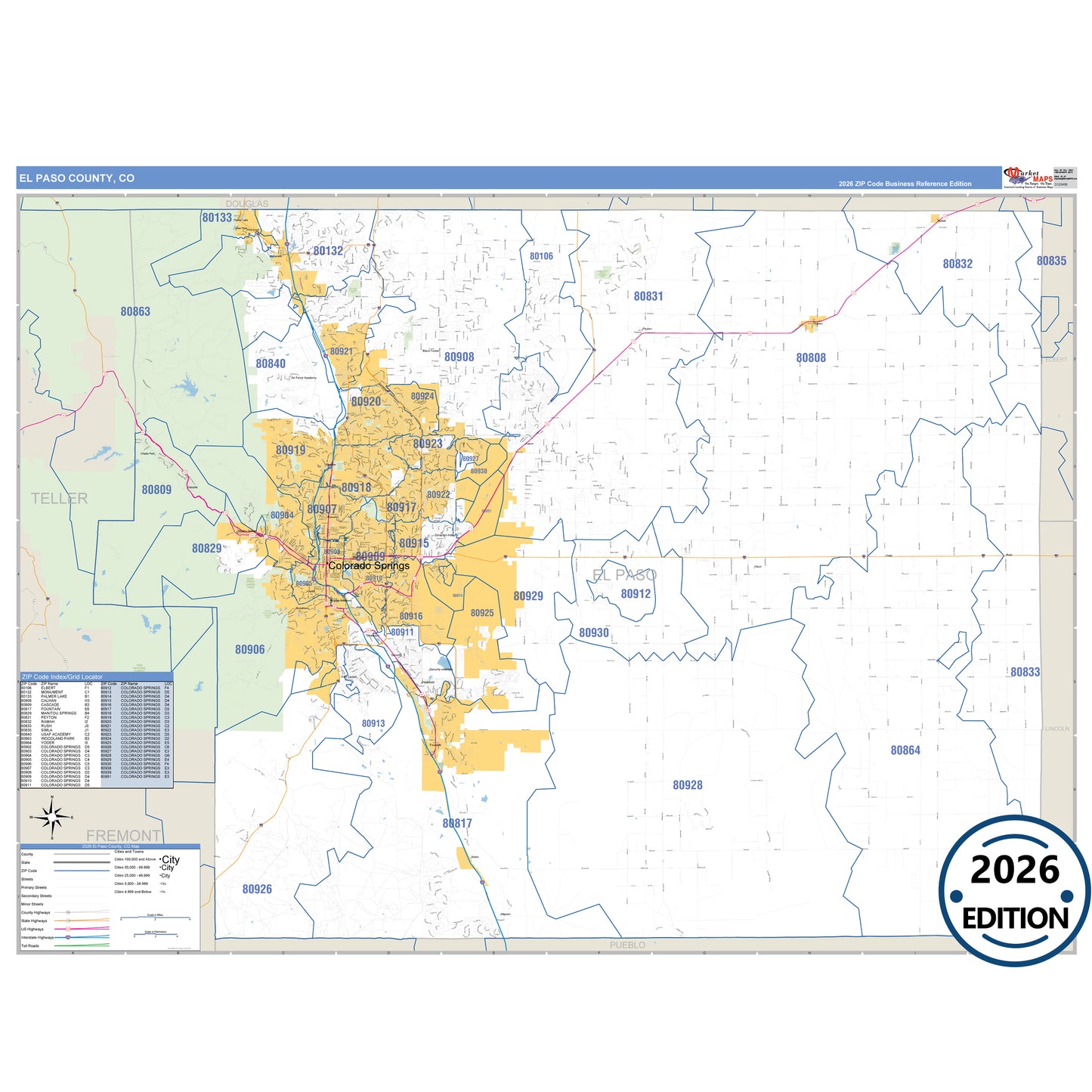 El Paso County, CO Business Reference 5 Digit ZIP Code Wall Map