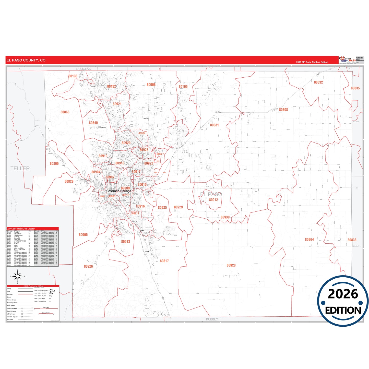 El Paso County, CO Red Line 5 Digit ZIP Code Wall Map