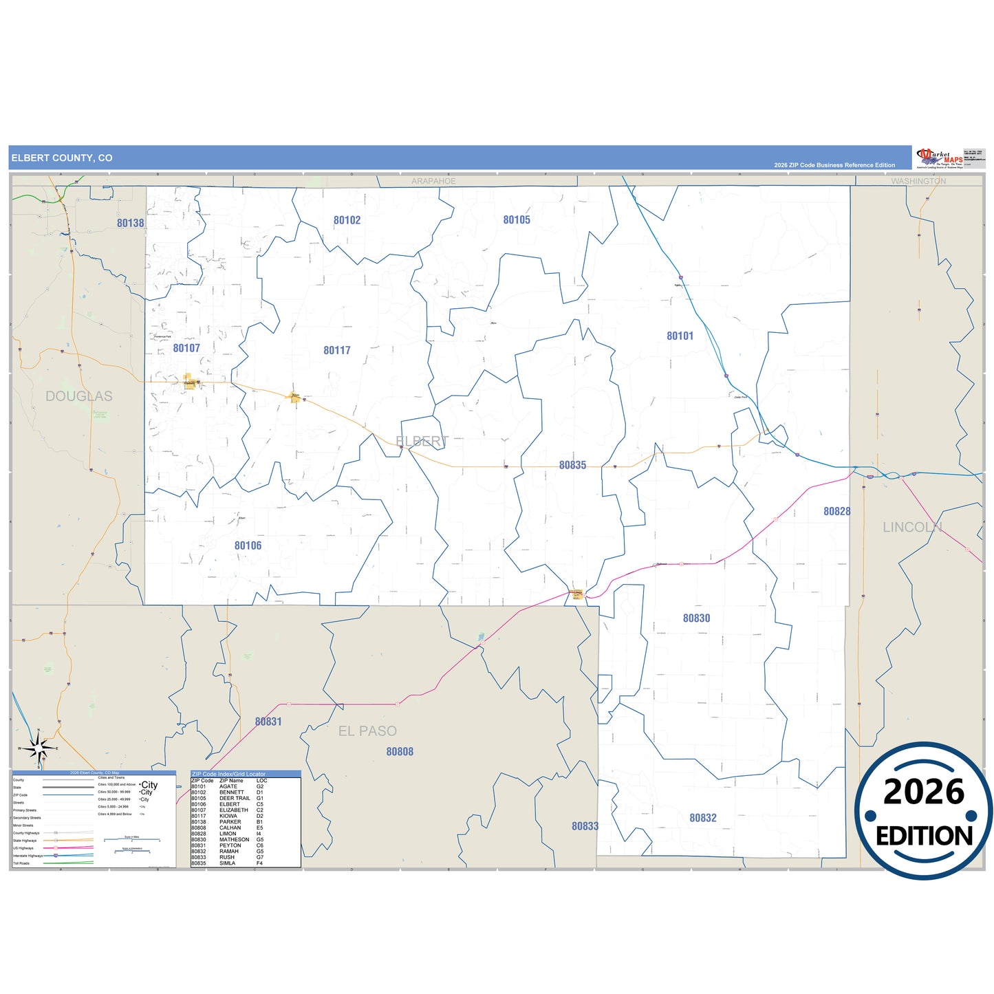 Elbert County, CO Business Reference 5 Digit ZIP Code Wall Map