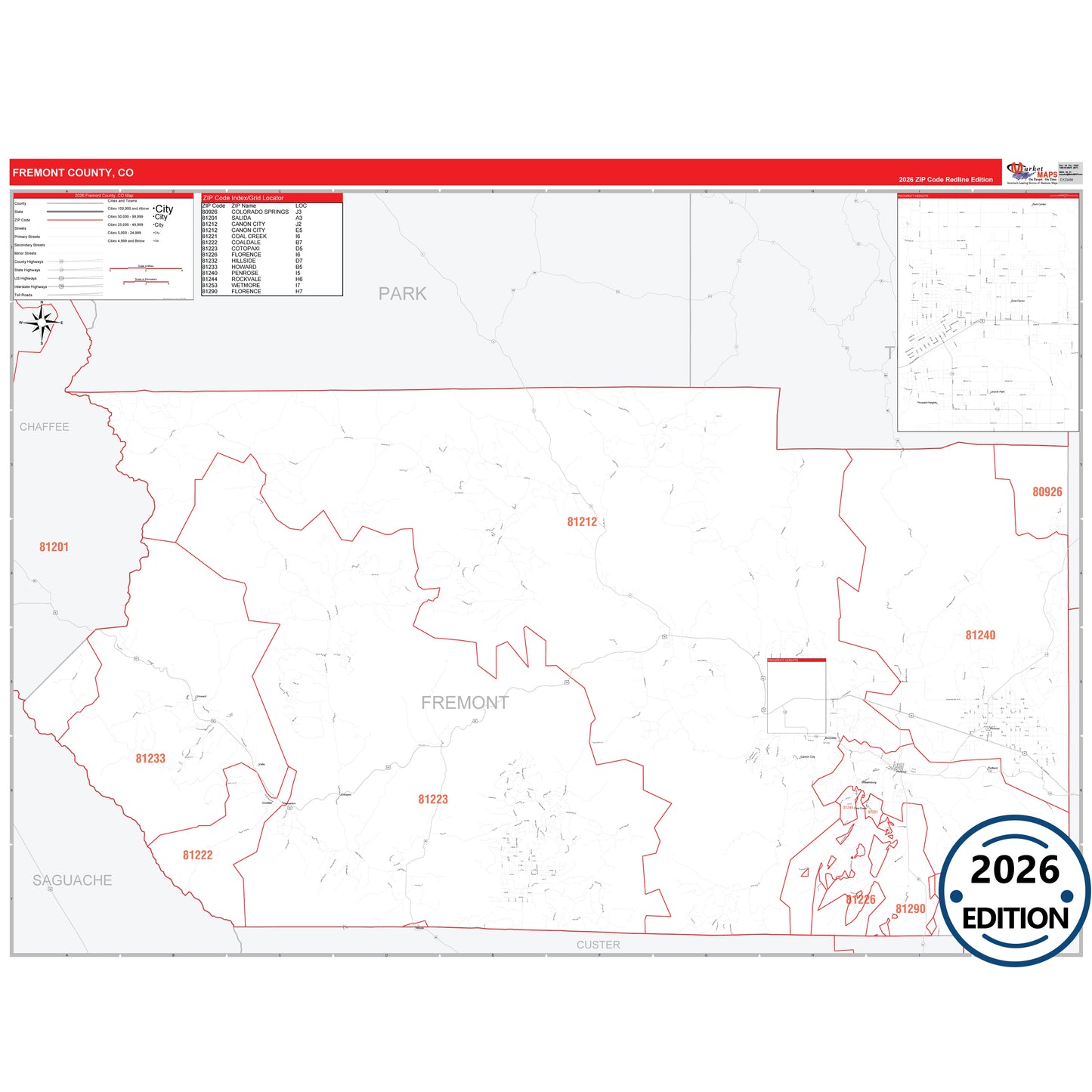 Fremont County, CO Red Line 5 Digit ZIP Code Wall Map