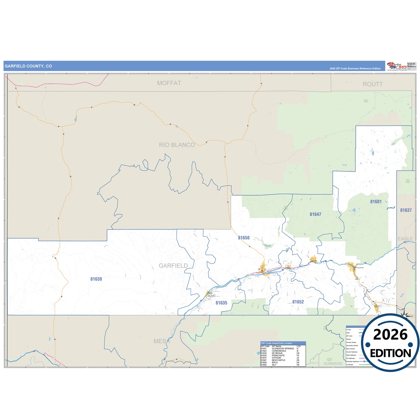Garfield County, CO Business Reference 5 Digit ZIP Code Wall Map