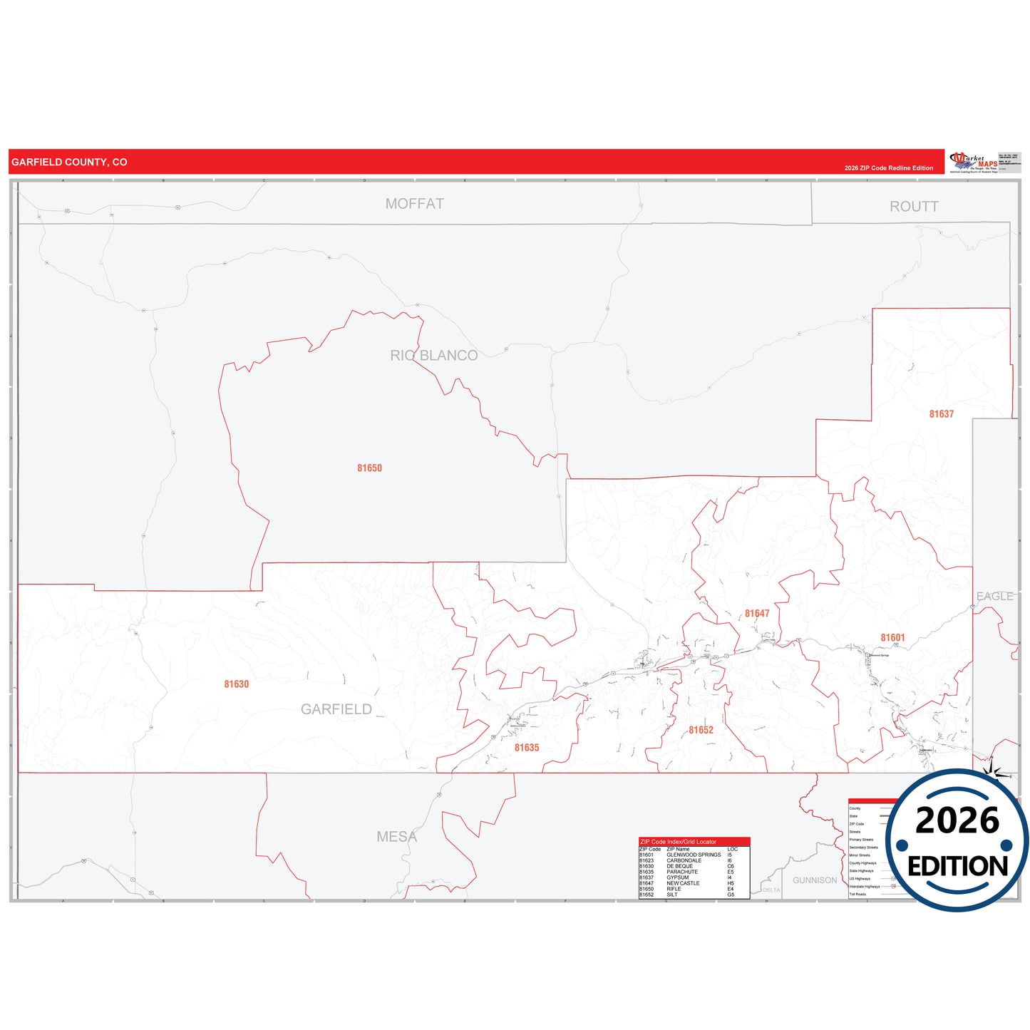 Garfield County, CO Red Line 5 Digit ZIP Code Wall Map