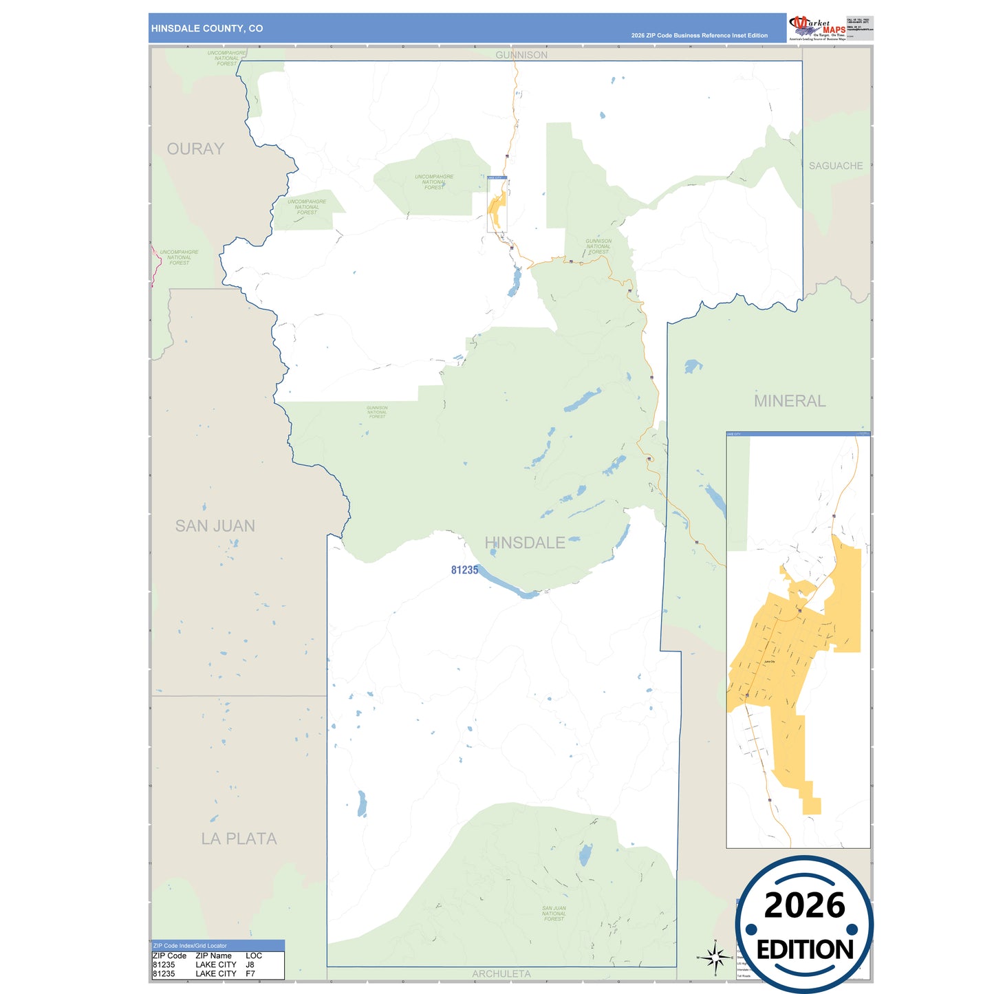 Hinsdale County, CO Business Reference 5 Digit ZIP Code Wall Map