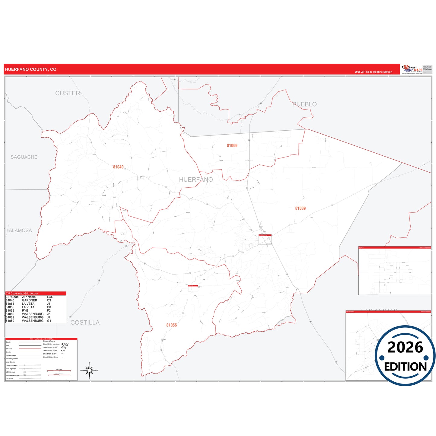 Huerfano County, CO Red Line 5 Digit ZIP Code Wall Map