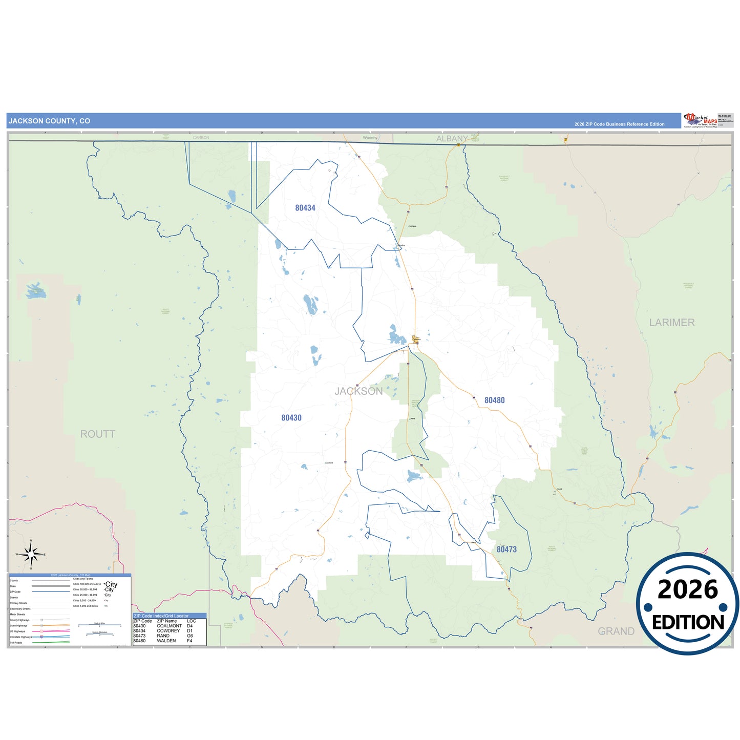 Jackson County, CO Business Reference 5 Digit ZIP Code Wall Map