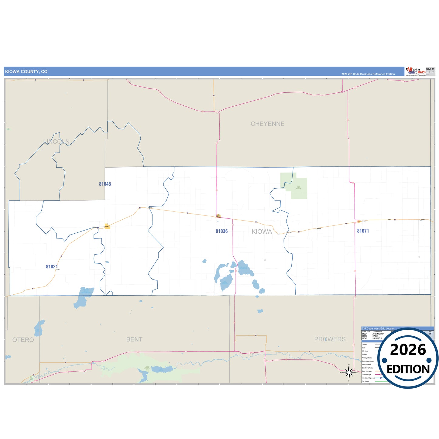 Kiowa County, CO Business Reference 5 Digit ZIP Code Wall Map