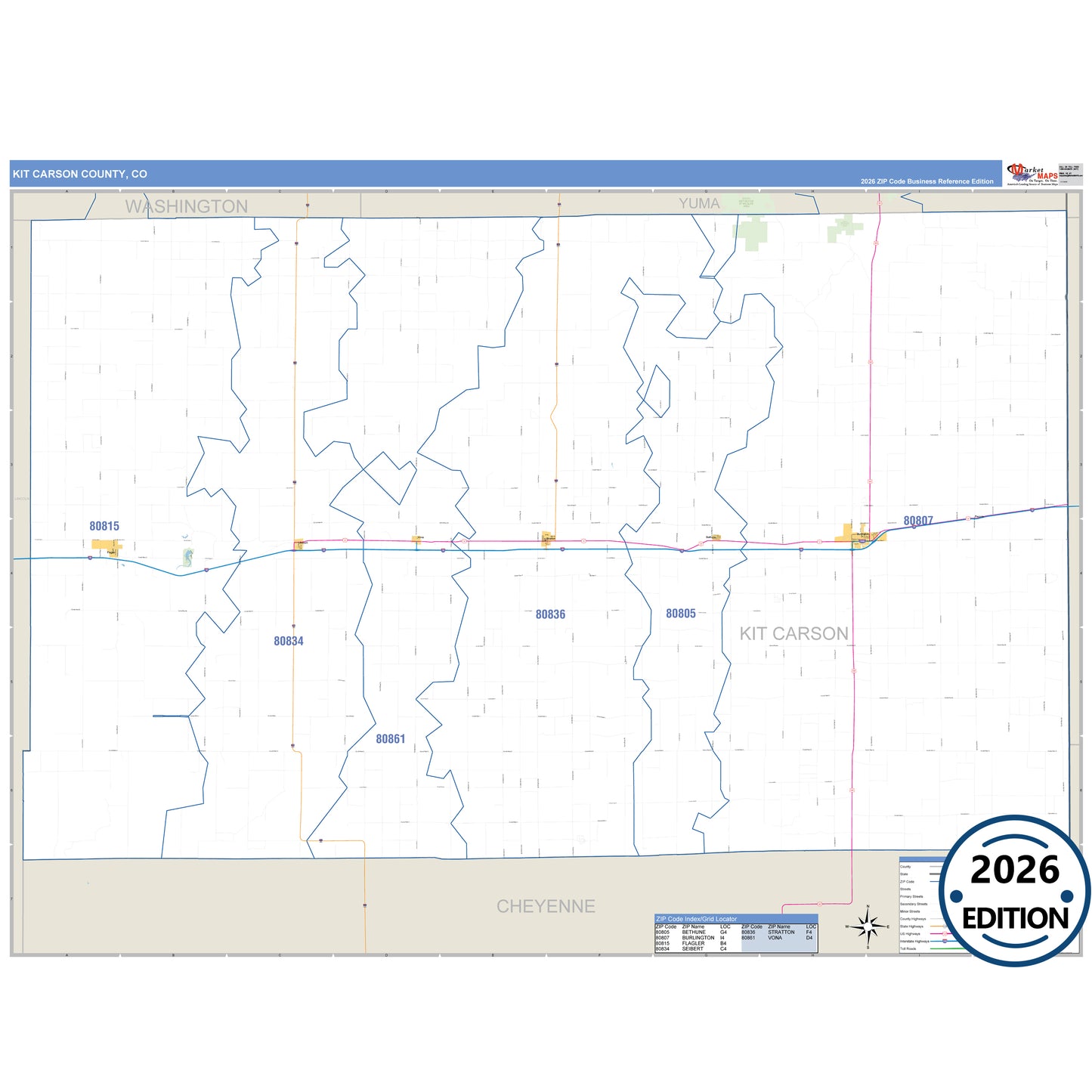 Kit Carson County, CO Business Reference 5 Digit ZIP Code Wall Map