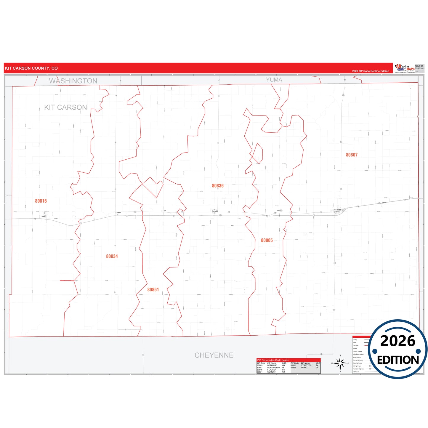 Kit Carson County, CO Red Line 5 Digit ZIP Code Wall Map