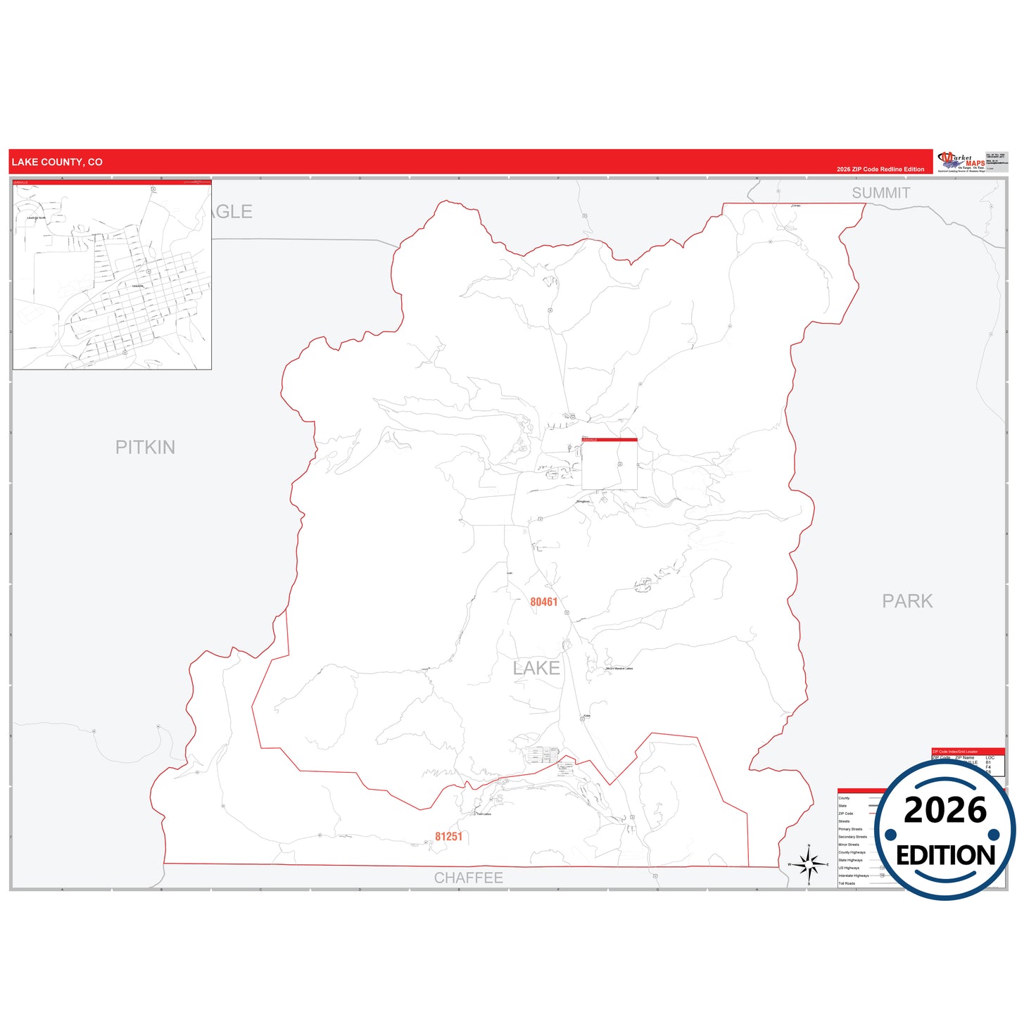 Lake County, CO Red Line map with detailed roads, cities, and ZIP code boundaries.