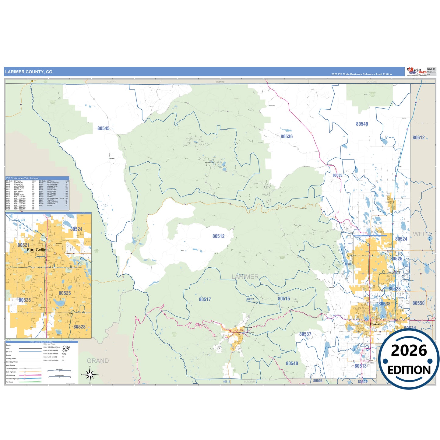 Larimer County, CO Business Reference 5 Digit ZIP Code Wall Map