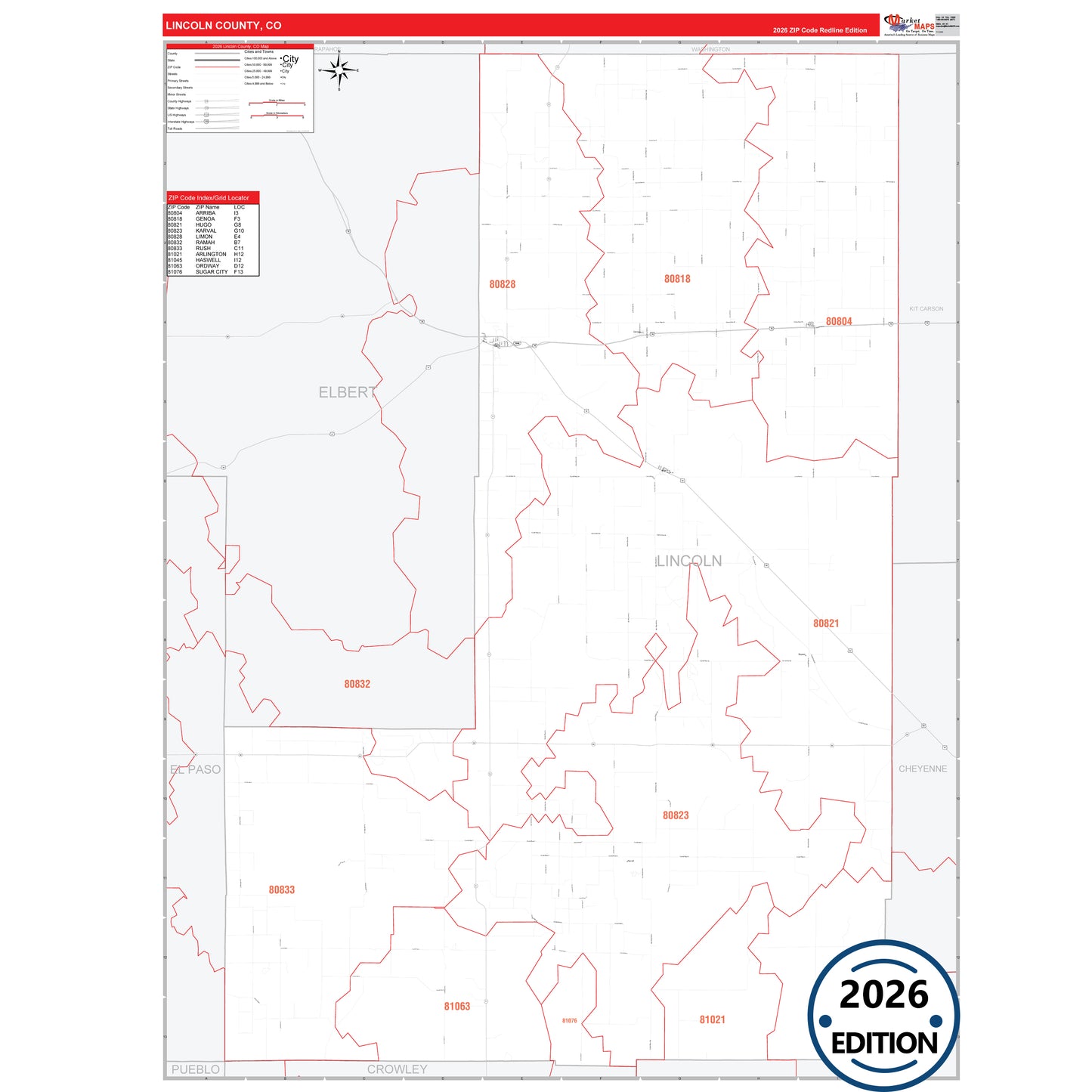 Lincoln County, CO Red Line 5 Digit ZIP Code Wall Map
