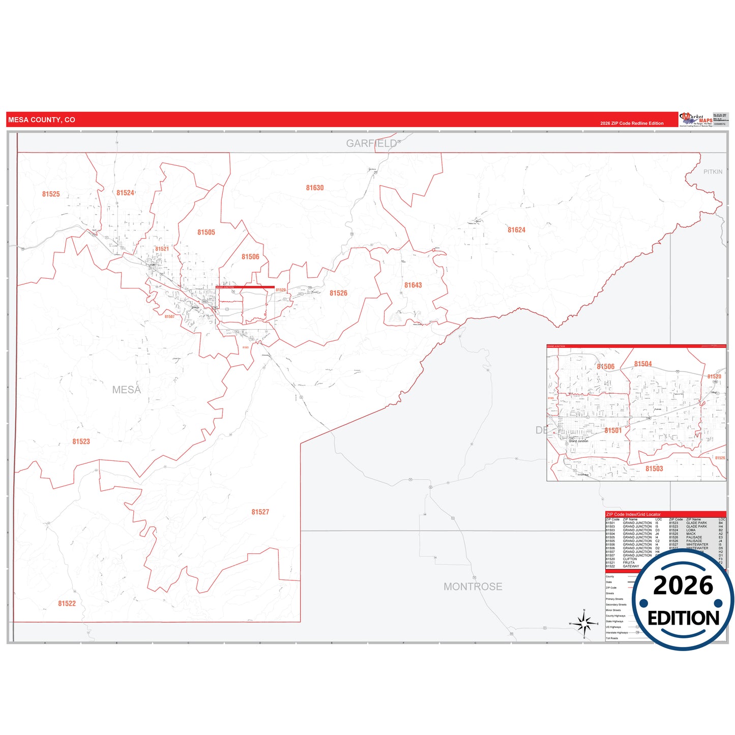 Mesa County, CO Red Line 5 Digit ZIP Code Wall Map