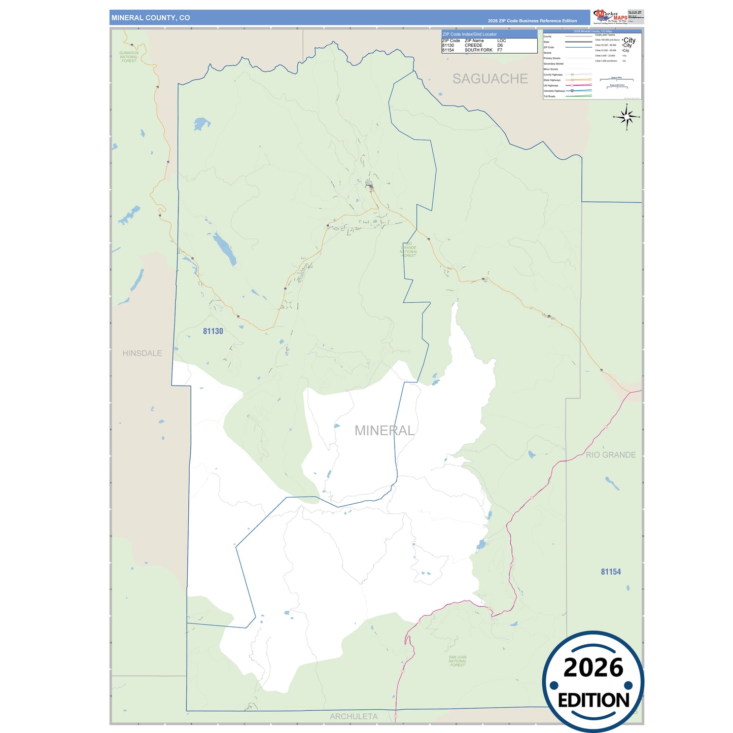 Mineral County, CO Business Reference 5 Digit ZIP Code Wall Map