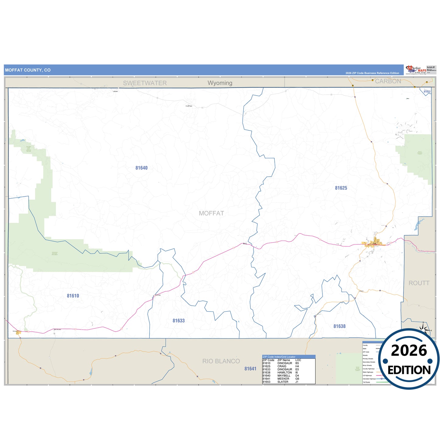 Moffat County, CO Business Reference 5 Digit ZIP Code Wall Map