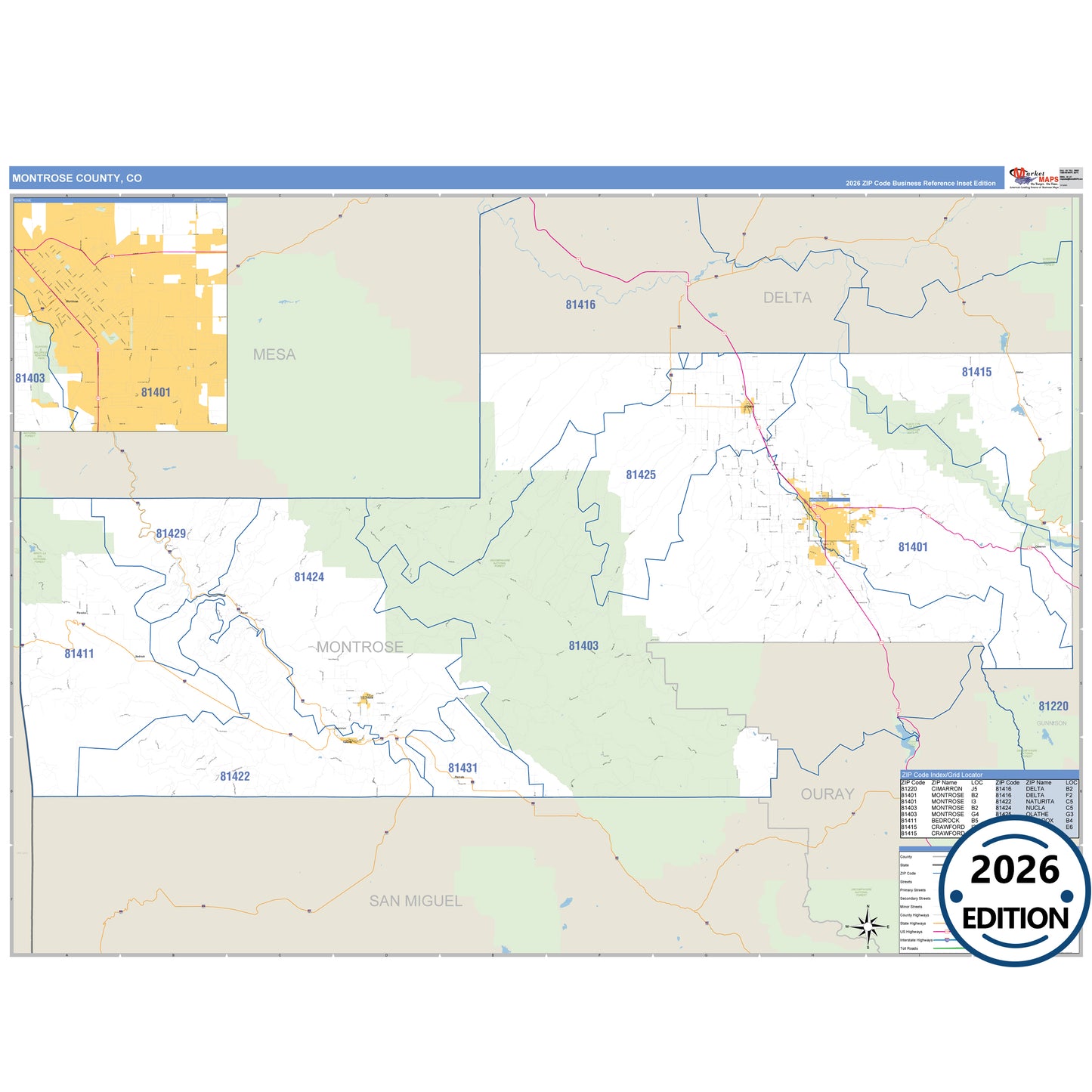 Montrose County, CO Business Reference 5 Digit ZIP Code Wall Map