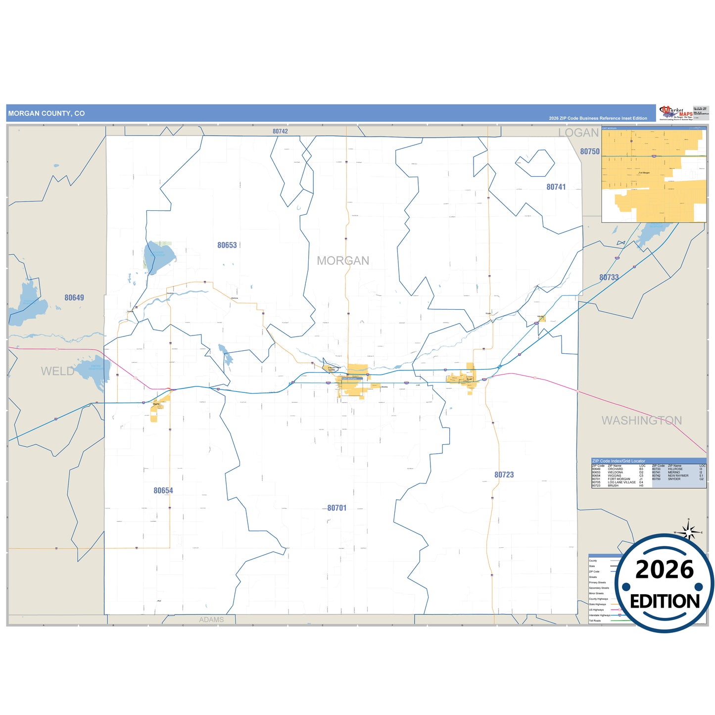 Morgan County, CO Business Reference 5 Digit ZIP Code Wall Map