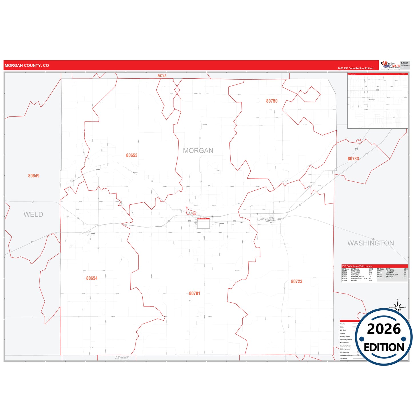 Morgan County, CO Red Line 5 Digit ZIP Code Wall Map