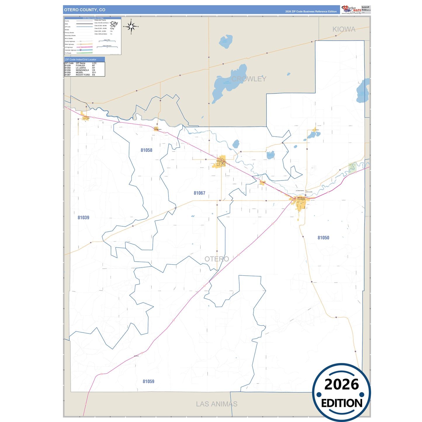 Otero County, CO Business Reference 5 Digit ZIP Code Wall Map