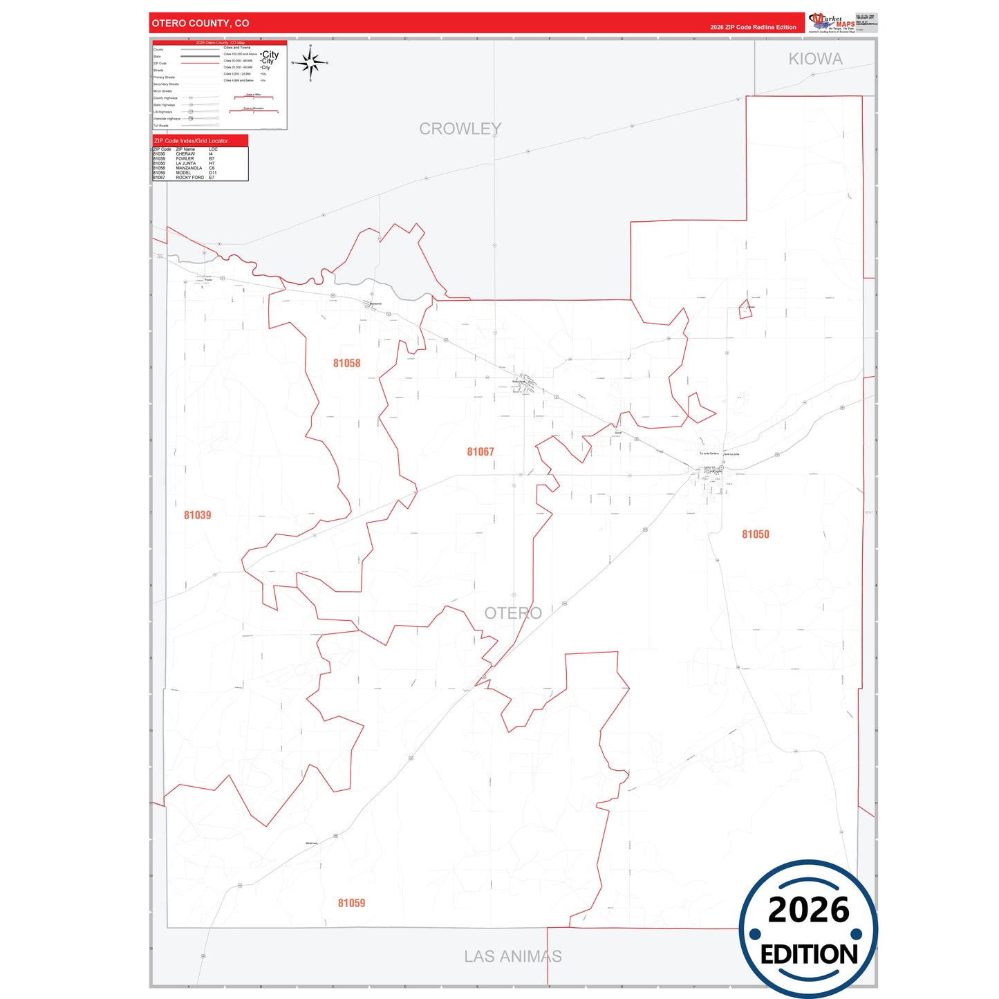 Otero County, CO Red Line 5 Digit ZIP Code Wall Map