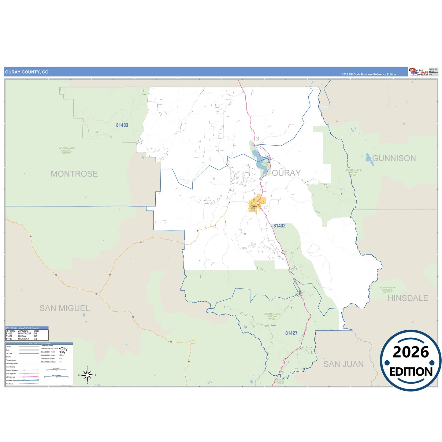 Ouray County, CO Business Reference 5 Digit ZIP Code Wall Map