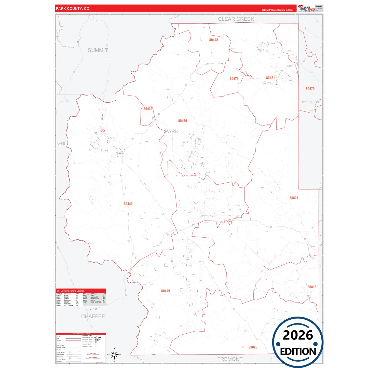 Park County, CO Red Line 5 Digit ZIP Code Wall Map