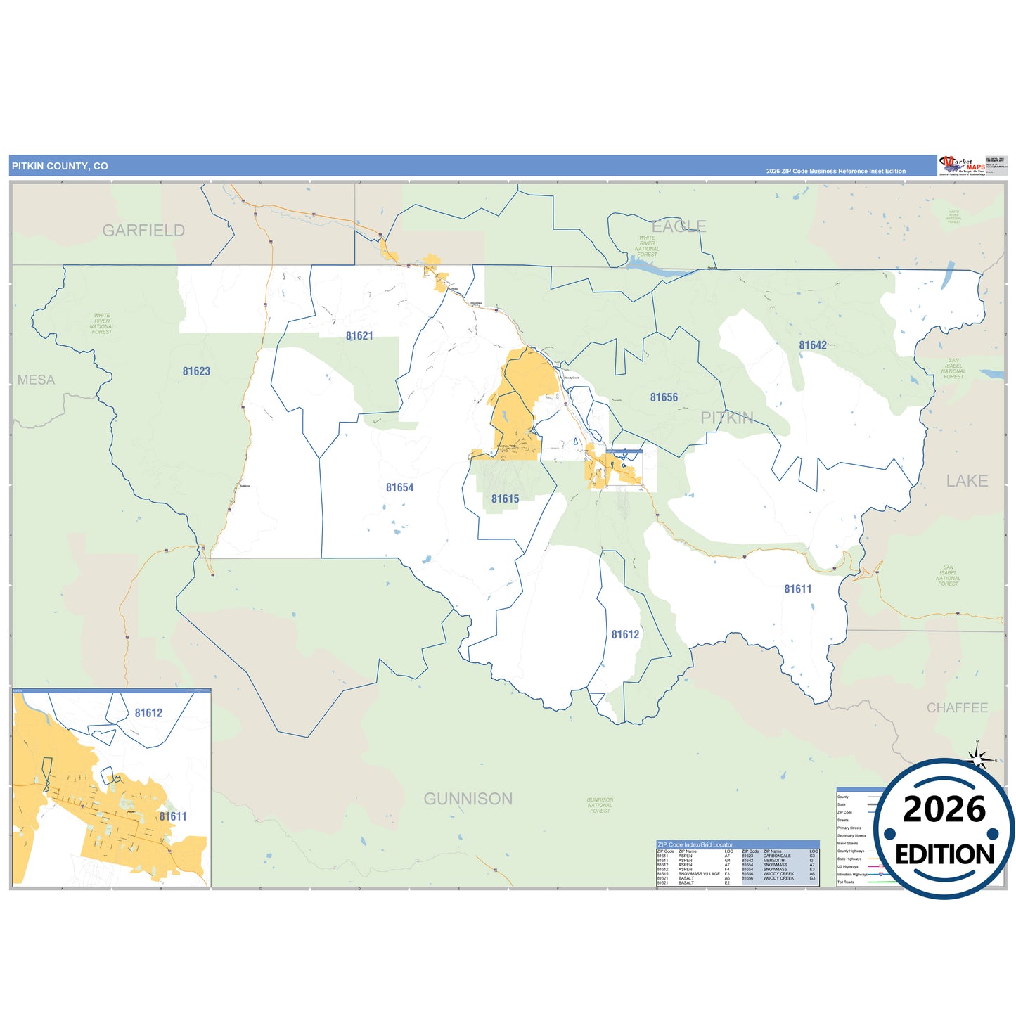 Pitkin County, CO Business Reference 5 Digit ZIP Code Wall Map